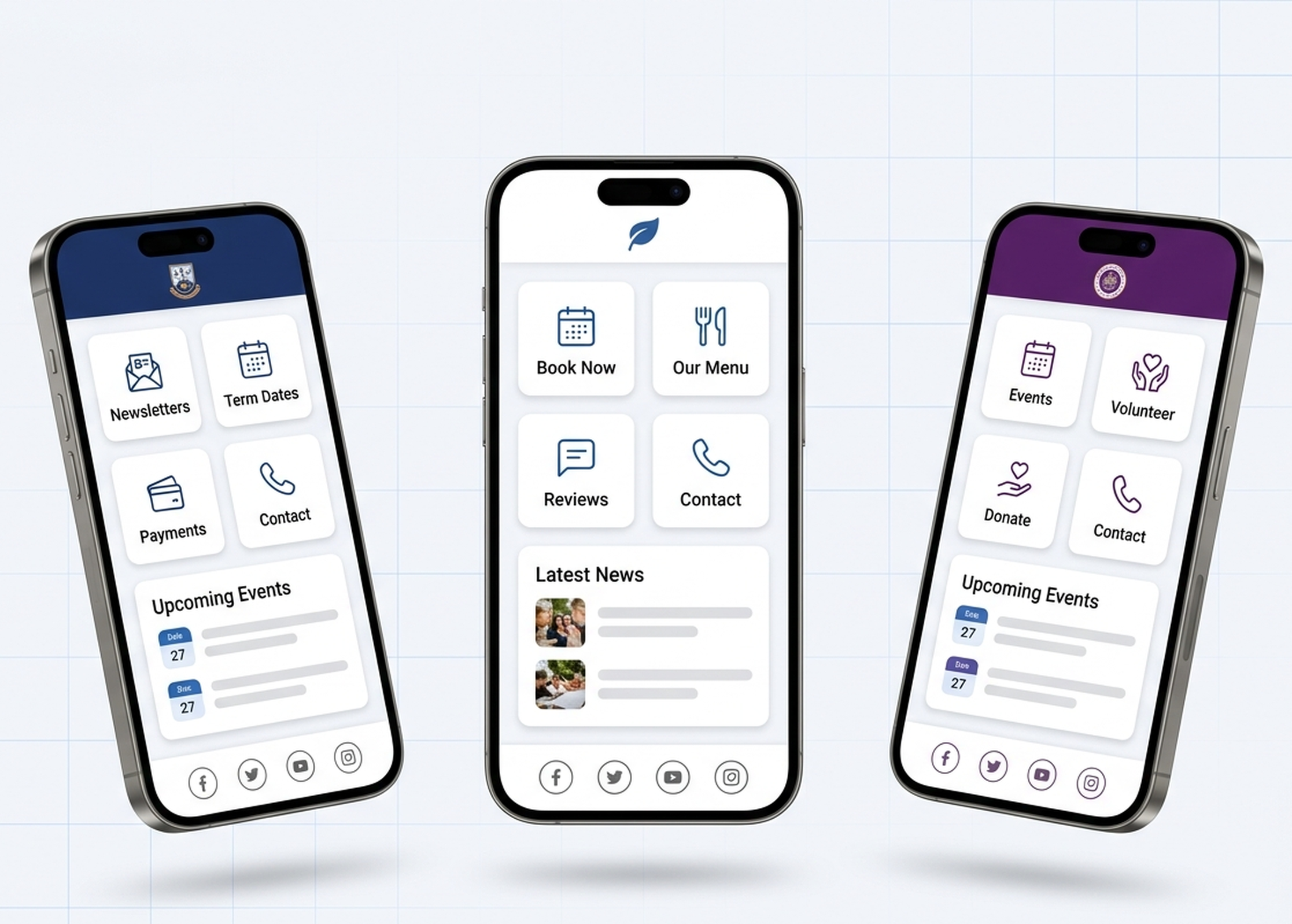 The Taptile portal shown on three phones, branded for a school, a business and a community group